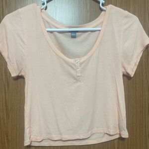 aerie Peach Ribbed Scoop-Neck Crop Top with Button Placket